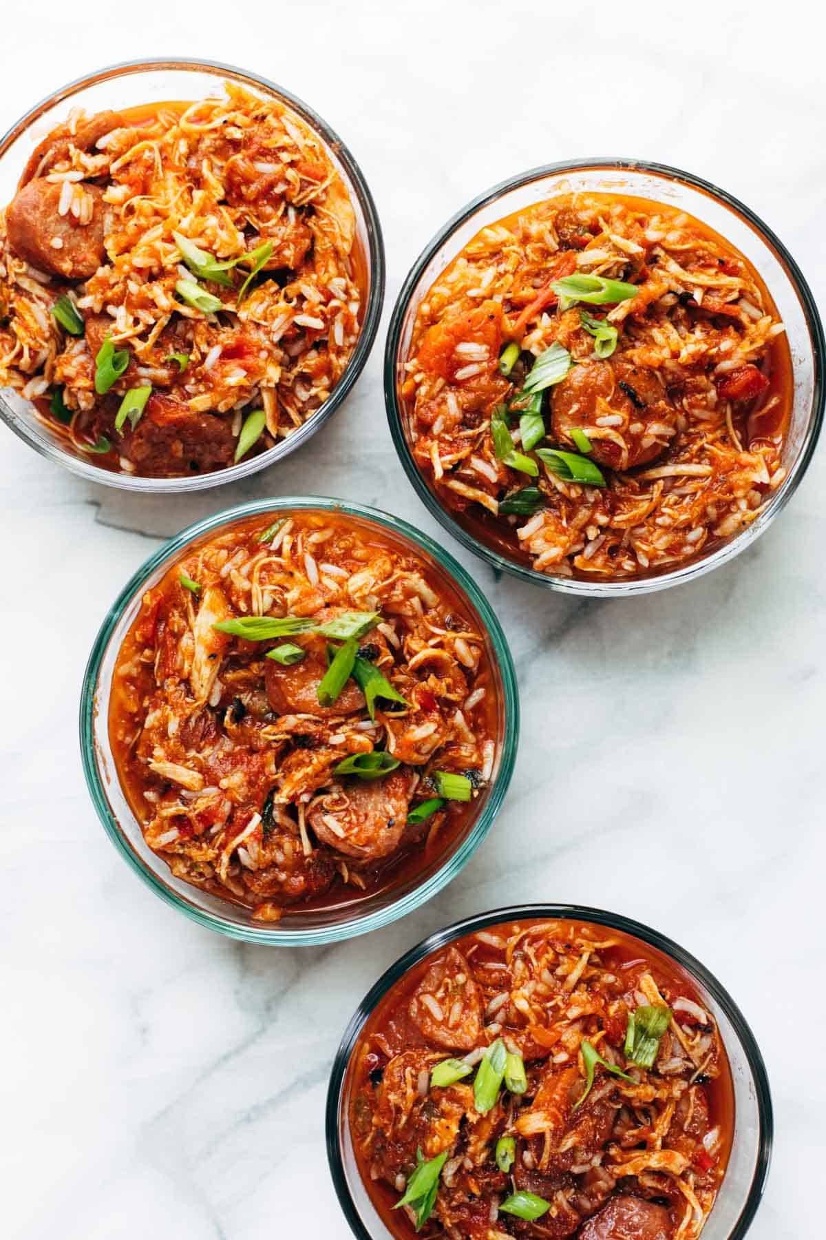 Creole chicken and sausage in a containers.