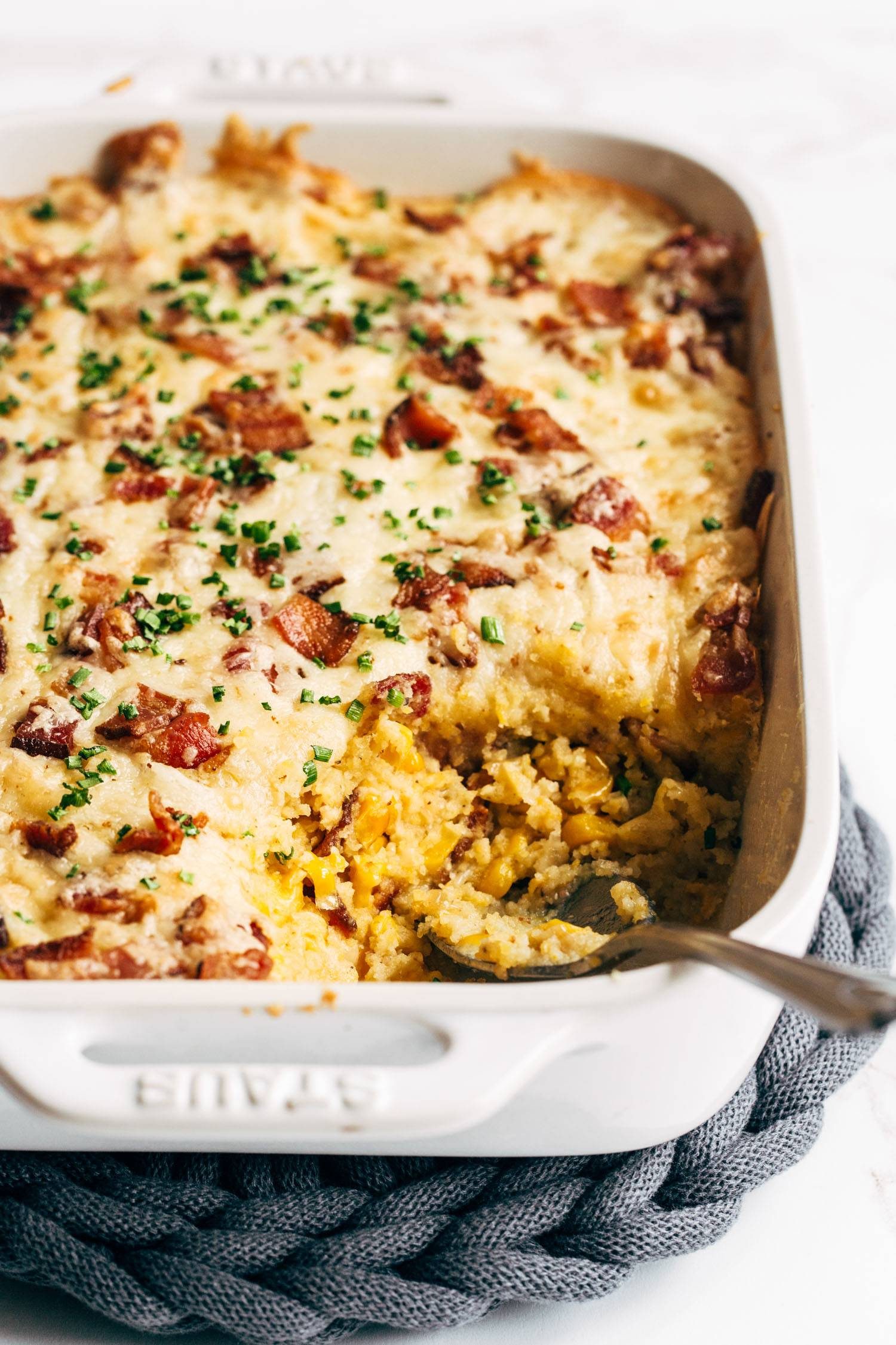 Scoop out of corn casserole in a casserole dish.