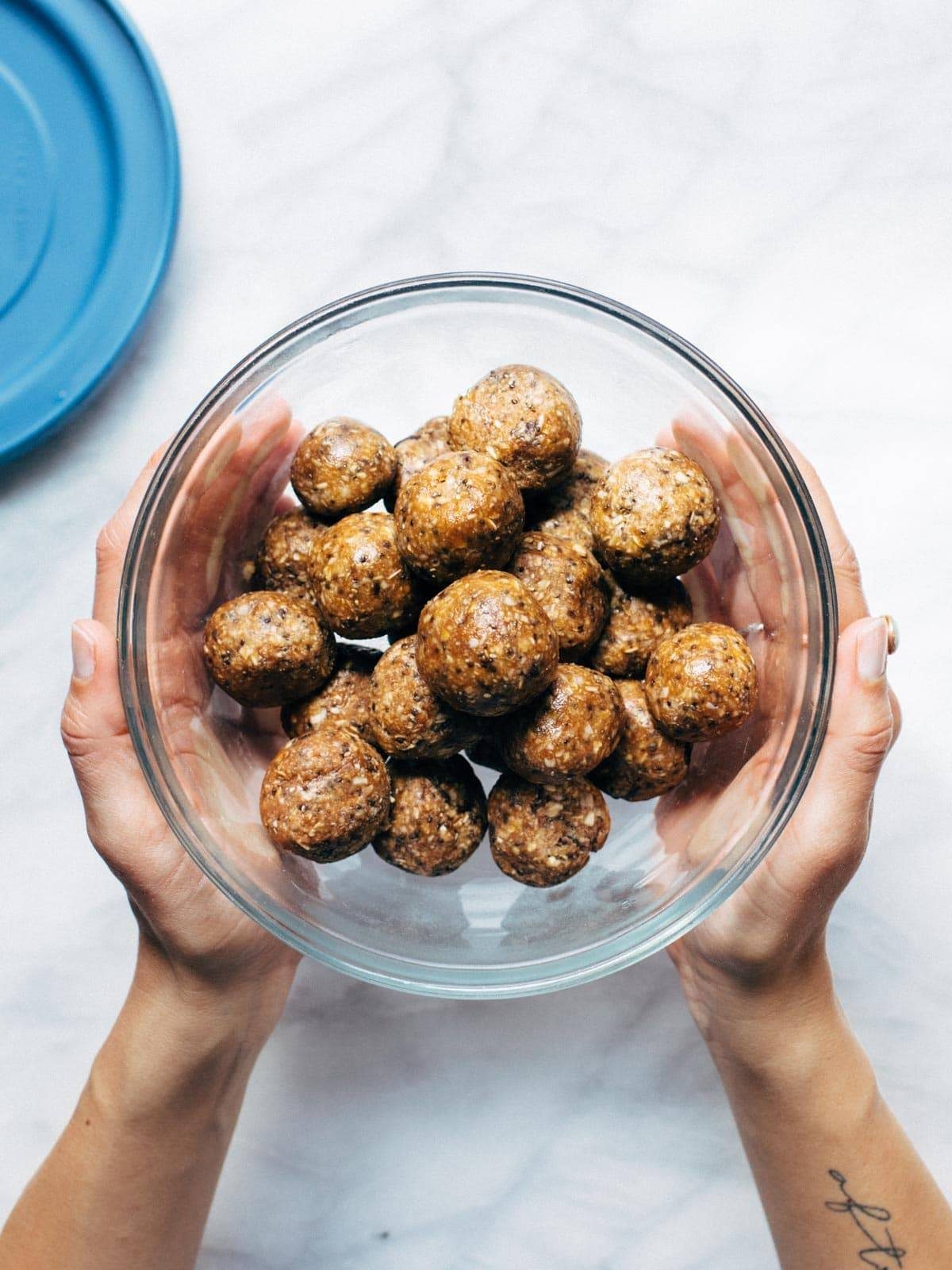 Cookie Dough Energy Bites in a glass bowl.